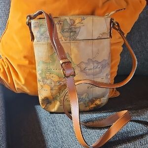 Alviero Martini Tan Map Crossbody Bag